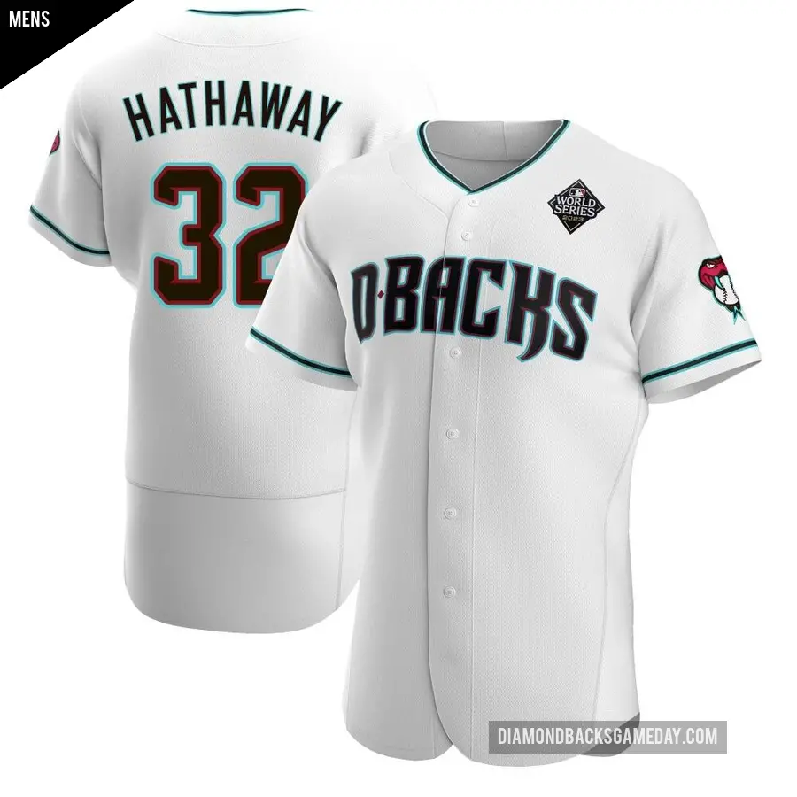 Men's Arizona Diamondbacks ＃32 Steve Hathaway Authentic White Teal Alternate 2023 World Series Jersey