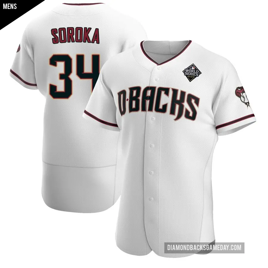 Men's Arizona Diamondbacks ＃34 Michael Soroka Authentic White Crimson Home 2023 World Series Jersey