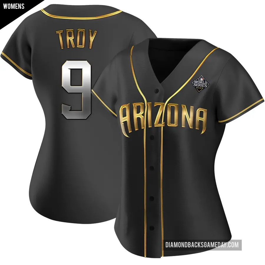 Women's Arizona Diamondbacks ＃9 Tommy Troy Authentic Gold Black en Alternate 2023 World Series Jersey