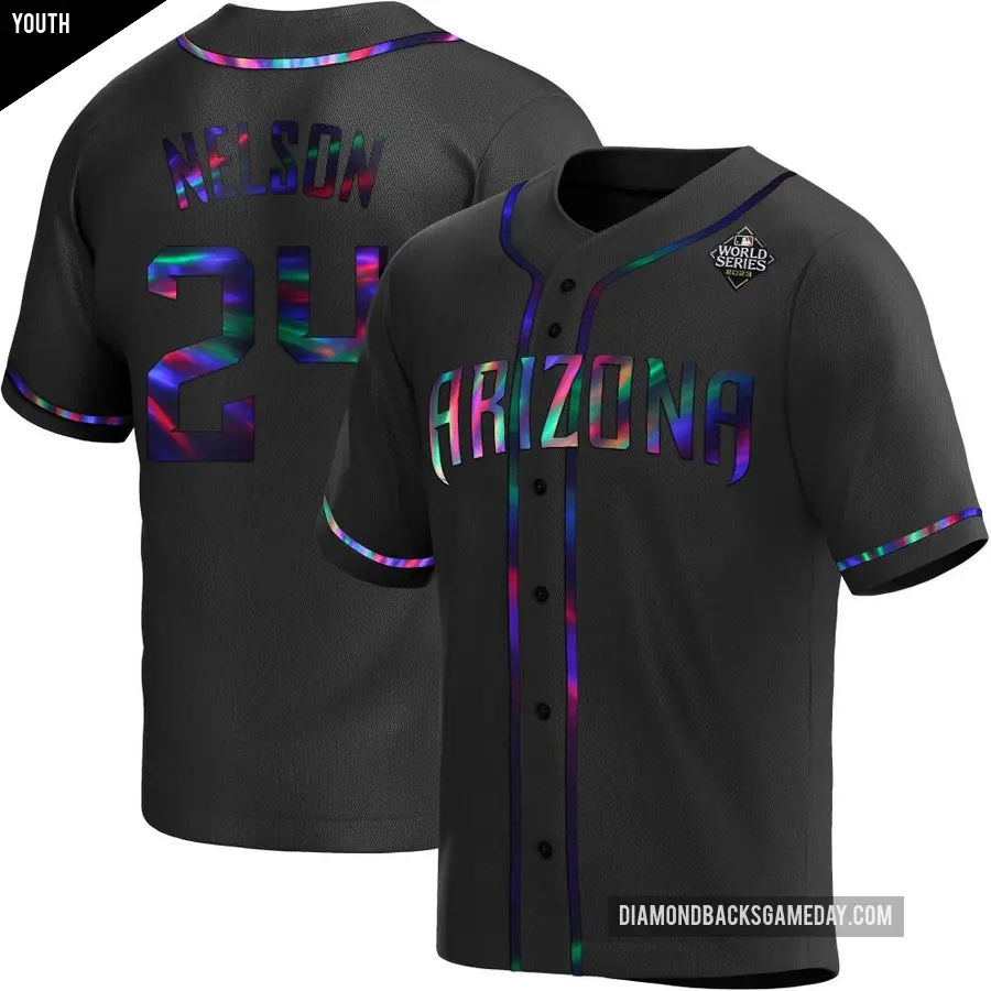 Youth Arizona Diamondbacks ＃24 Kyle Nelson Replica Black Holographic Alternate 2023 World Series Jersey