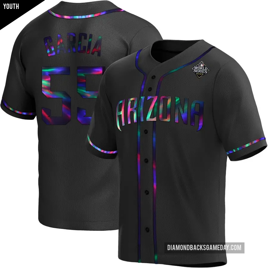 Youth Arizona Diamondbacks ＃55 Brandyn Garcia Replica Black Holographic Alternate 2023 World Series Jersey